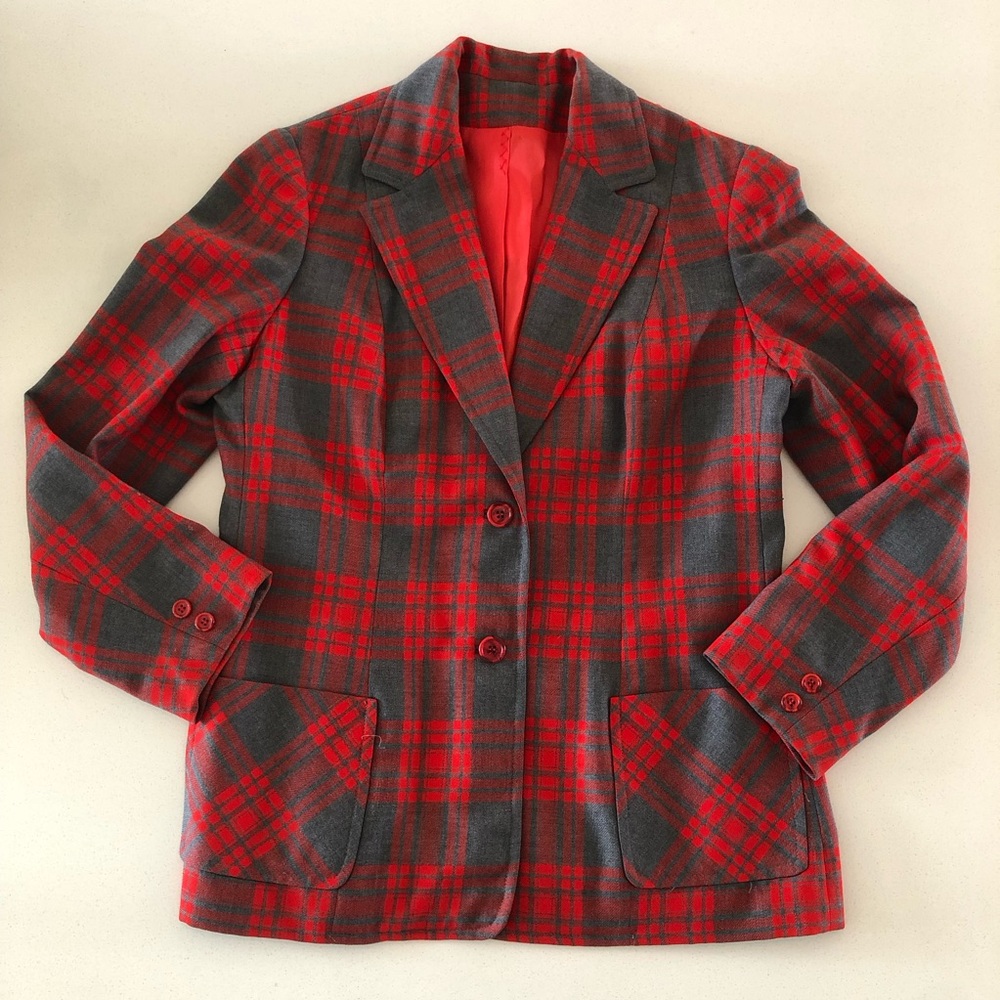 Vintage Wool Plaid Single-Breasted Women's Red Blazer Jacket eclectic grandpa
